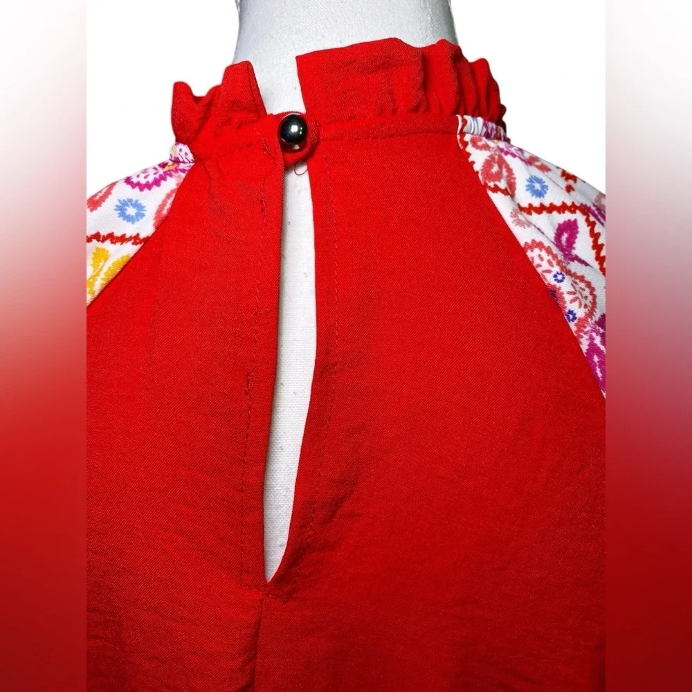 Haptics Red Women's Top with Multicolor Sleeves - Picture 7 of 12